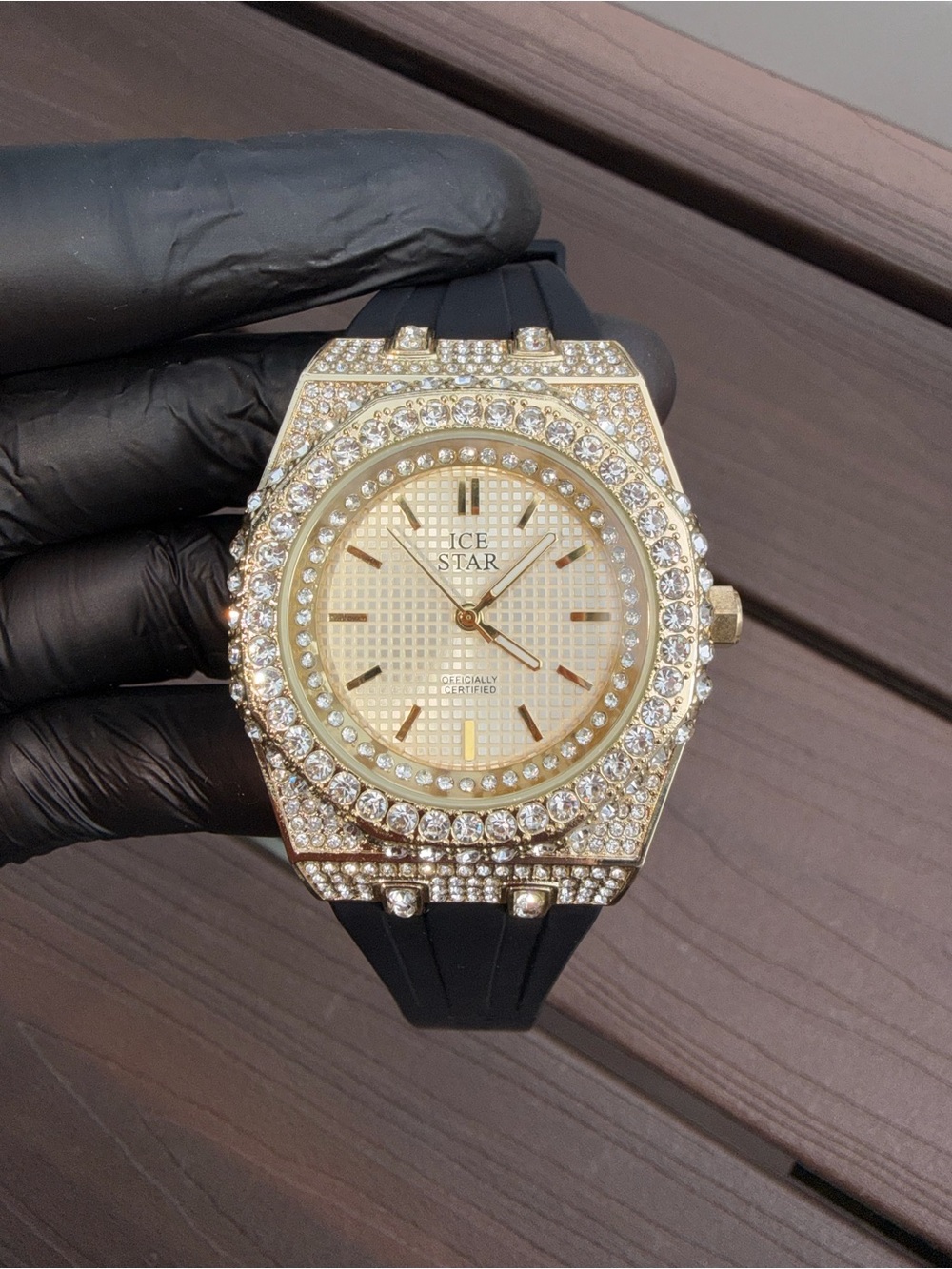 Men's Gold Crystal Accent Watch with Black Strap